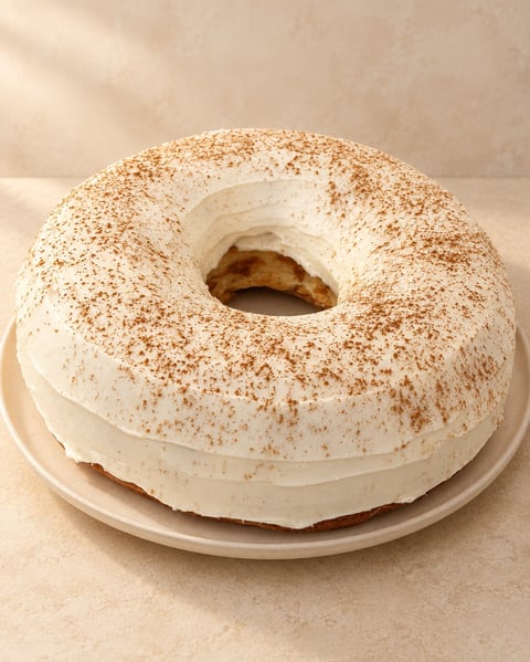 A cinnamon sugar-dusted bundt cake with cream frosting on a white plate against a beige background