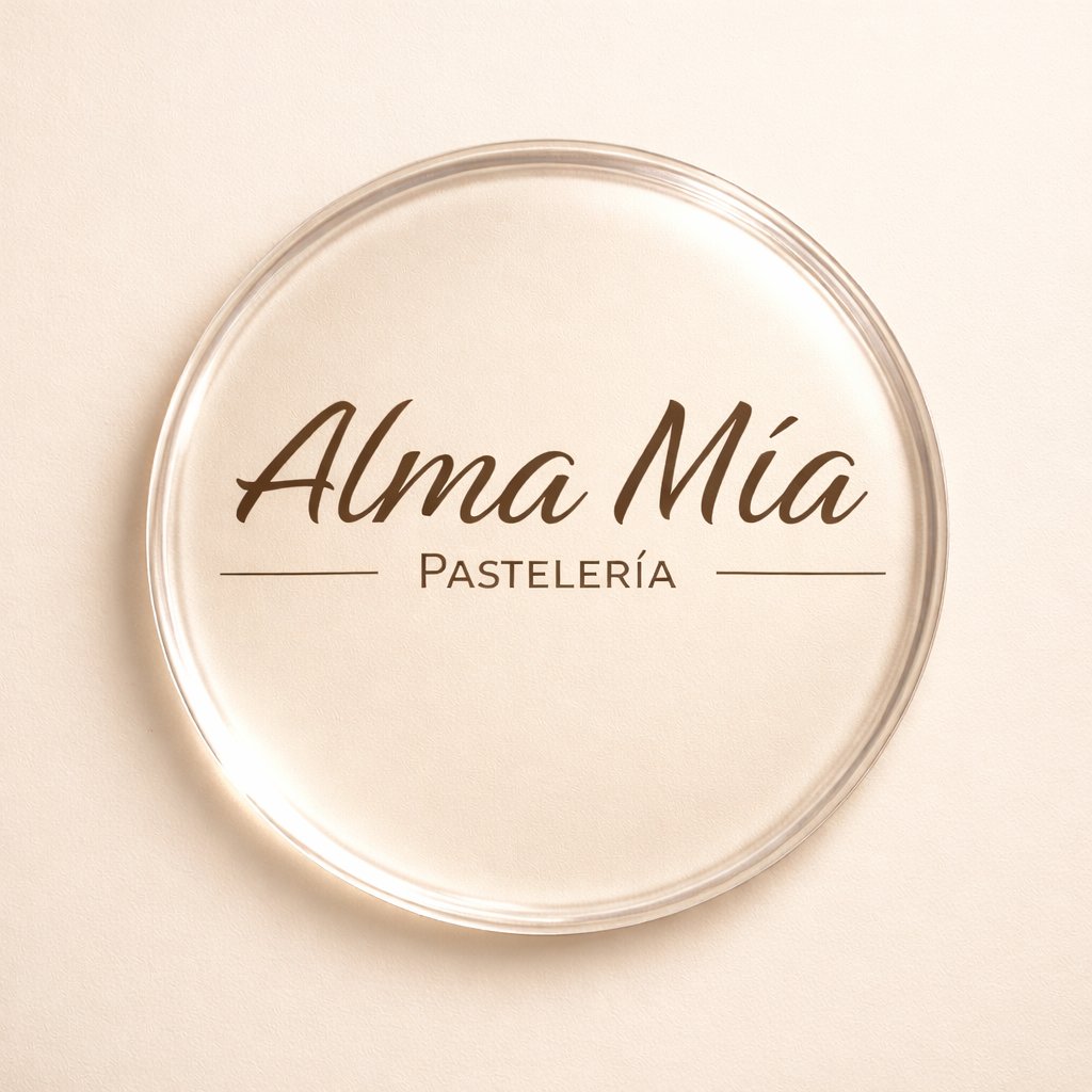 Circular transparent logo for Alma Mia Pasteleria with elegant brown script lettering on beige background