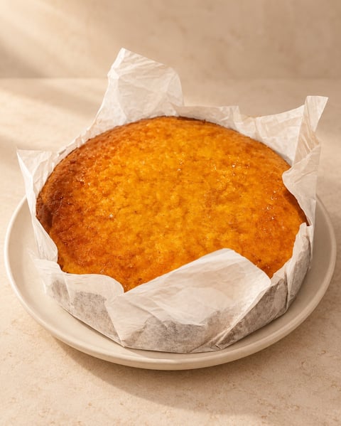 Freshly baked golden round cake wrapped in parchment paper on a white plate against a beige background