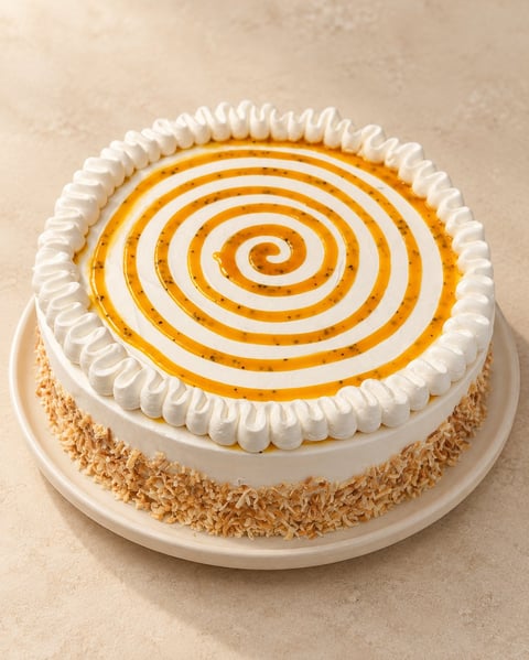 Round cake with white frosting, orange spiral design on top, and crushed nuts coating the bottom half