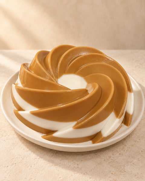 Caramel swirl bundt cake with white frosting on a white plate against a beige background