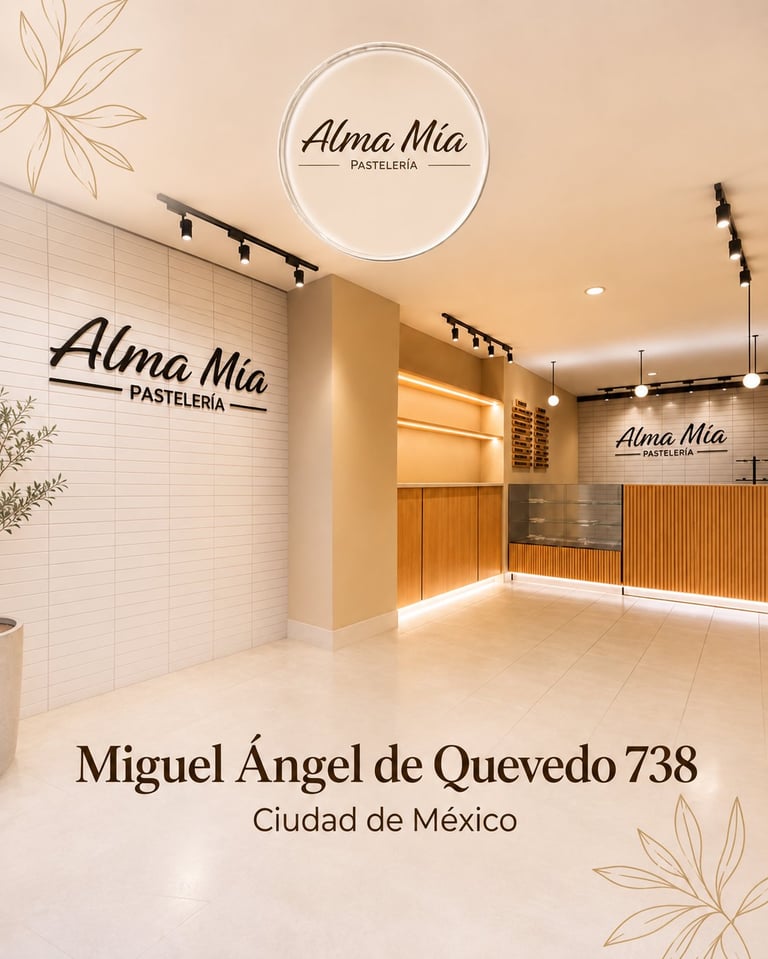 Interior of Alma Mia Pasteleria bakery storefront in Mexico City with wooden shelving and modern lighting