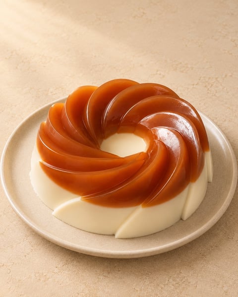 Flan dessert with caramel sauce in spiral pattern on white plate and beige surface