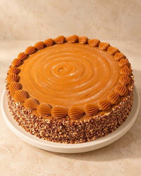 Caramel layer cake with swirled frosting on top, crushed toffee bits on sides, and piped caramel rosettes around the border, displayed on a white plate