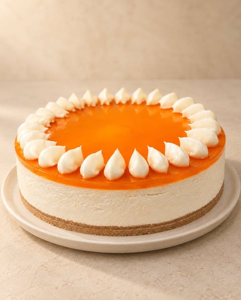 Round cheesecake with orange glaze top and white piped cream border on a beige background