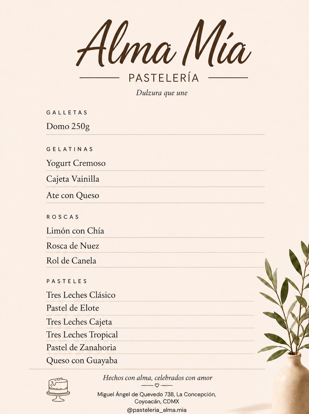 Menu for Alma Mia Pastelería featuring galletas, gelatinas, roscas, and pasteles with their tagline Dulzura que une
