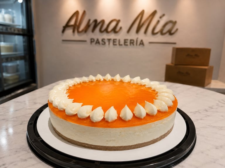 Orange cheesecake with white piped frosting displayed on a black plate at Alma Mia Pastelería bakery