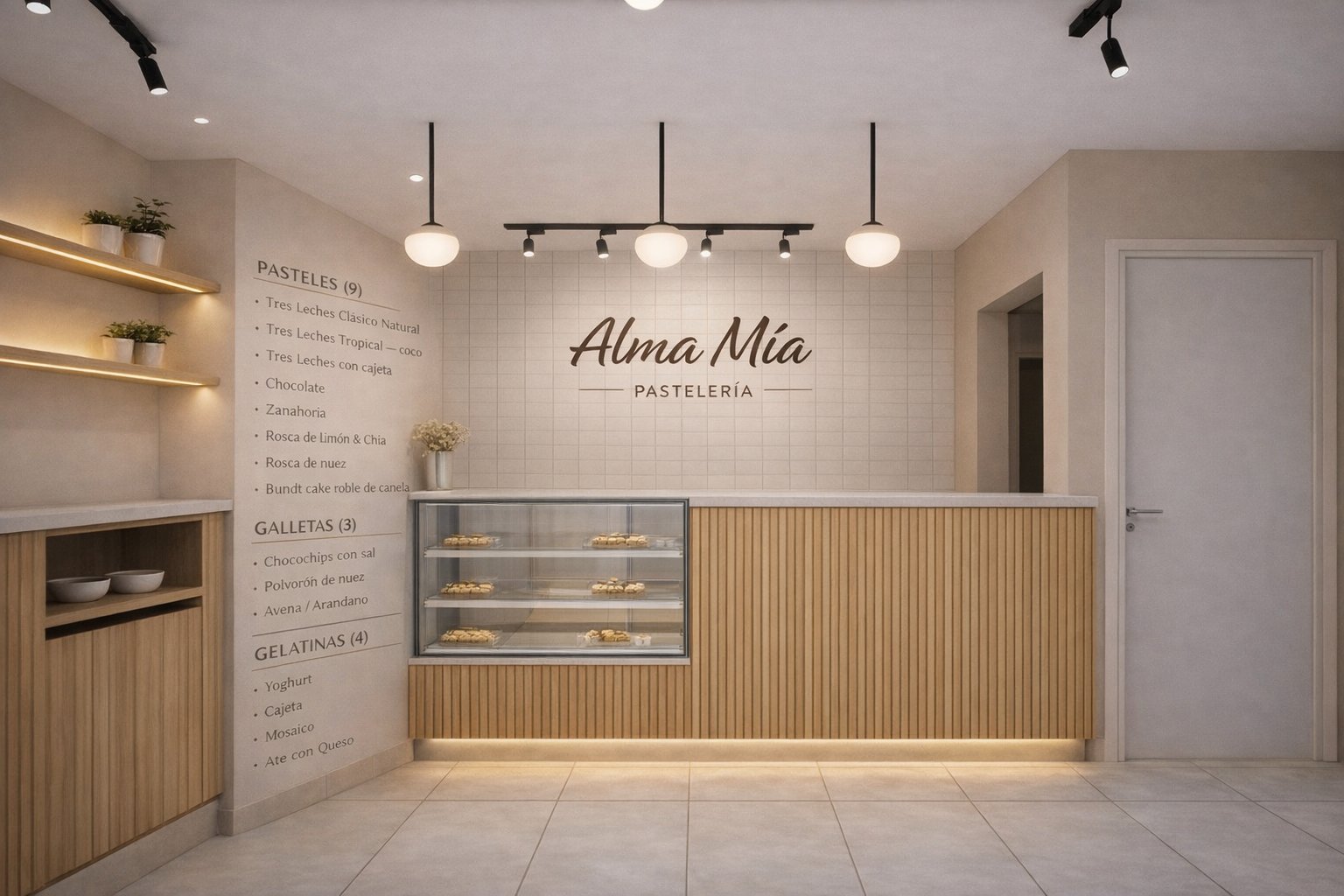 Modern pastry shop interior with Alma Mia branding, wooden counter with display cases, pendant lighting, and menu board on wall