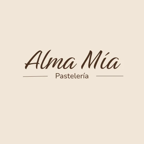 Alma Mia Pasteleria logo with elegant brown script text on beige background