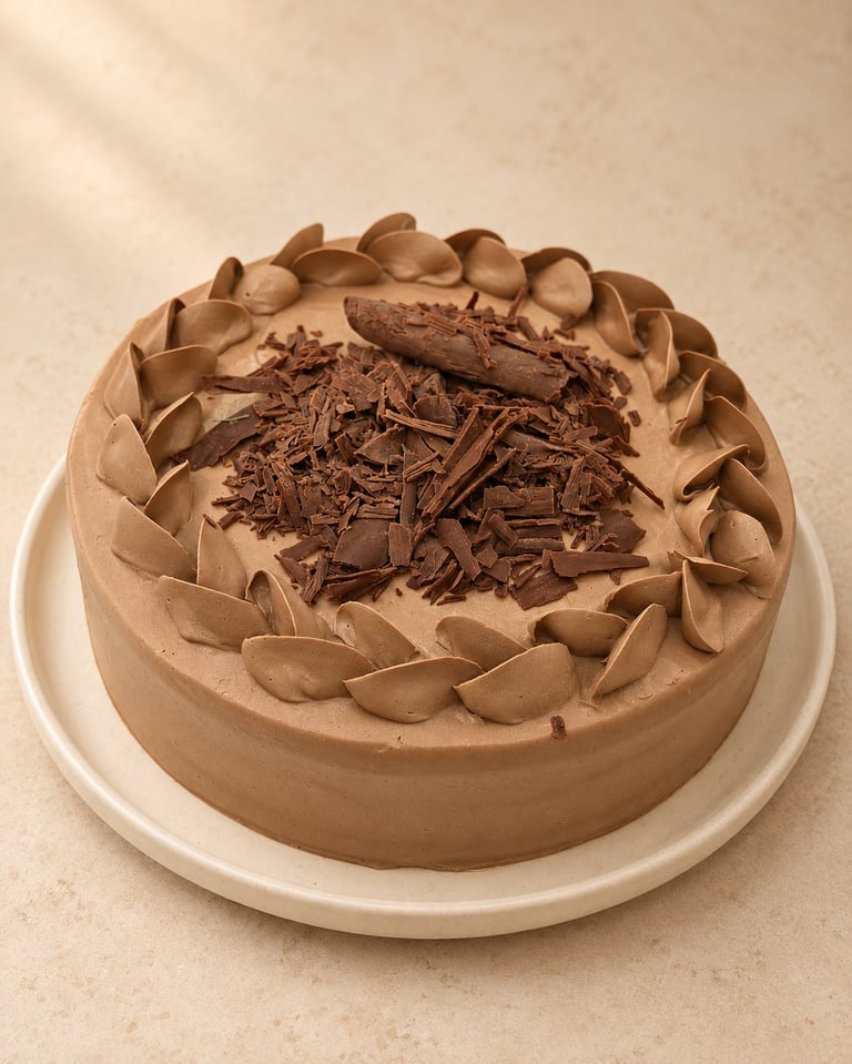 Chocolate layer cake with chocolate frosting, piped border, and chocolate shavings on top, served on a white plate